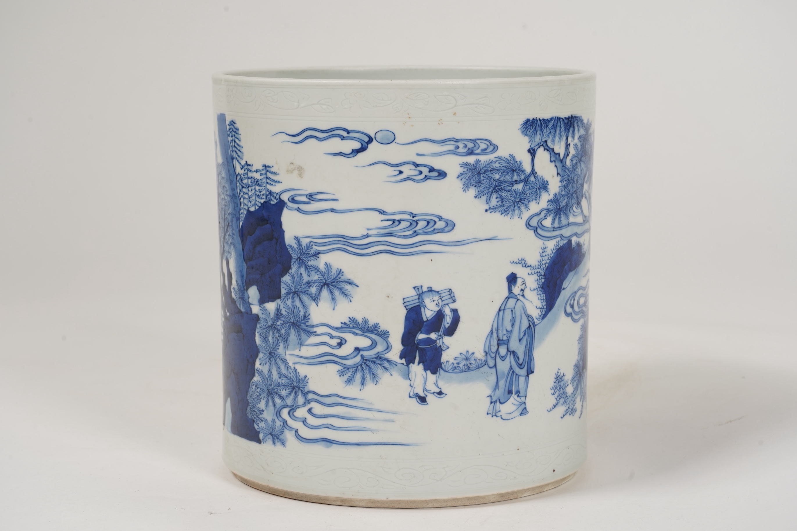 A Chinese blue and white brush pot, possibly Shunzhi period